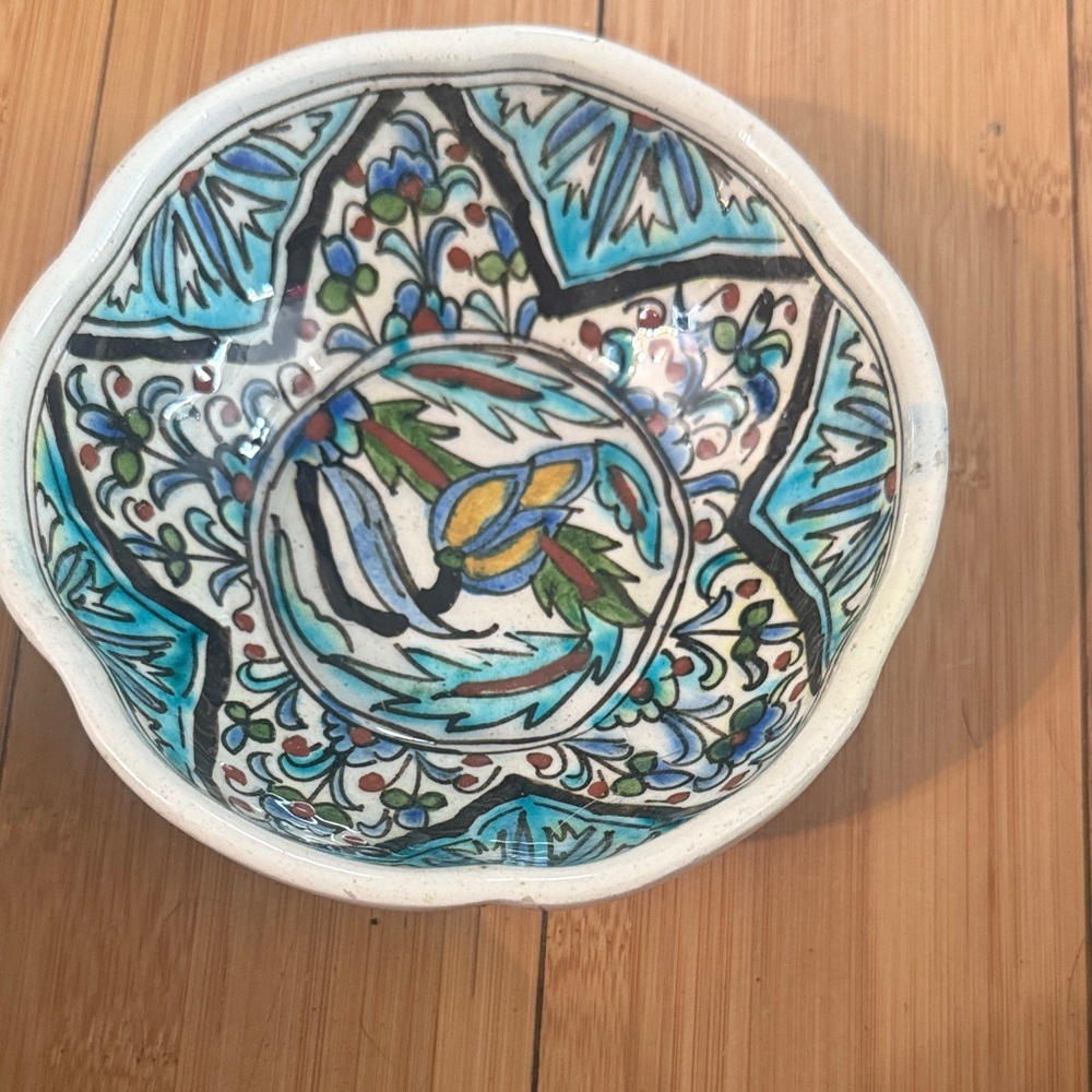Hand-Painted Turquoise Floral Ceramic Bowl